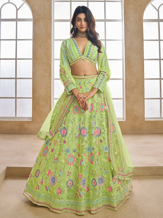 Green and pink Readymade embroidered lehenga choli with dupatta