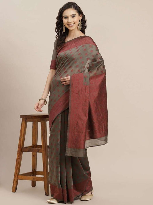 Dark Beige and Maroon Woven Saree - inddus-us