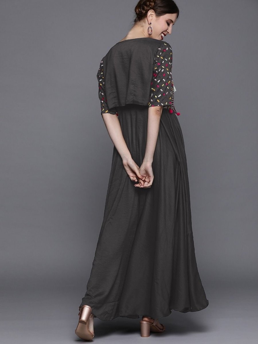 Dark Grey Solid Silk Gown with Jacket - inddus-us