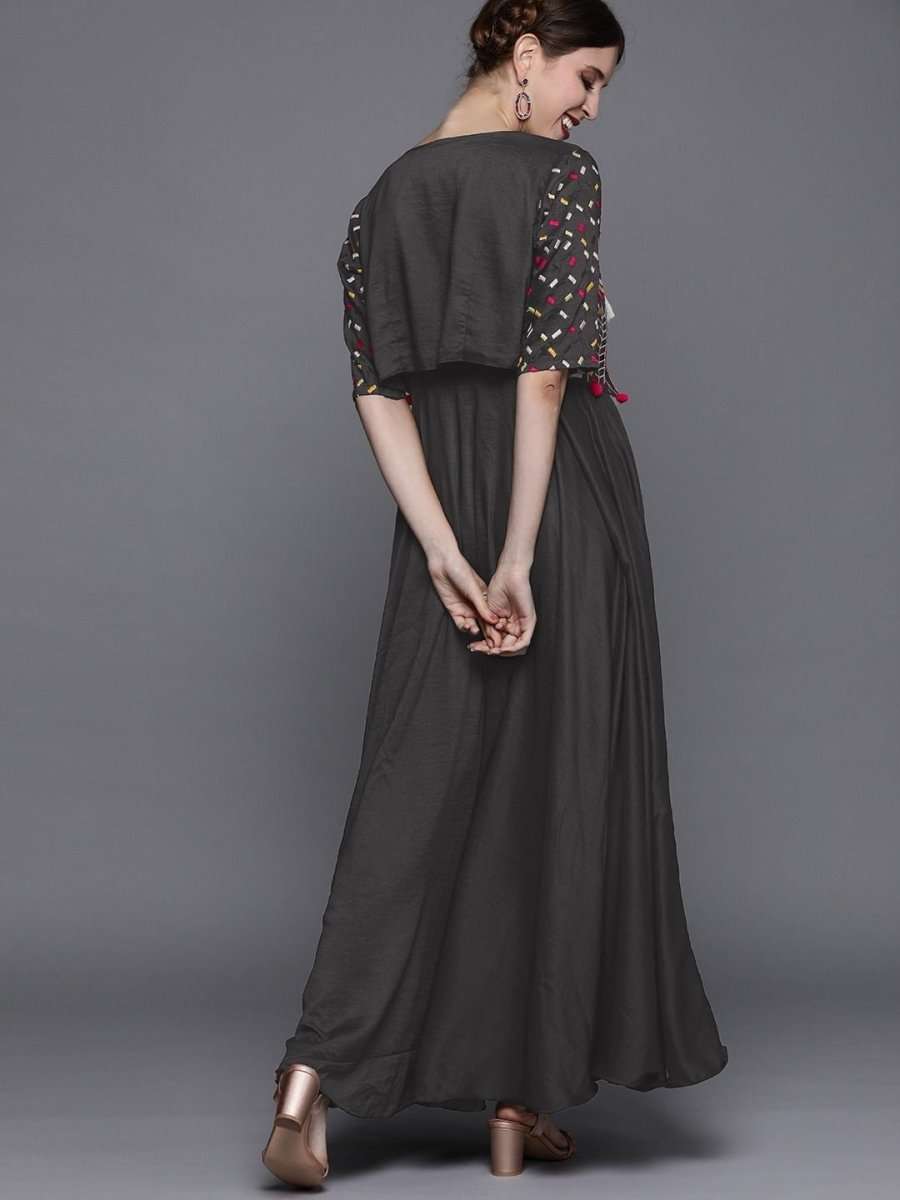 Dark Grey Solid Silk Gown with Jacket - inddus-us
