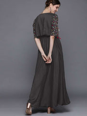 Dark Grey Solid Silk Gown with Jacket - inddus-us