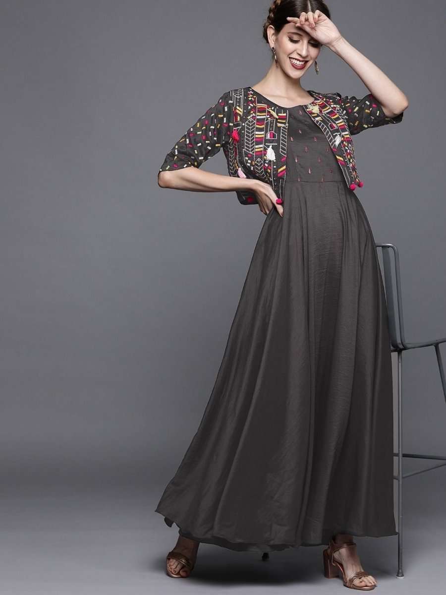 Dark Grey Solid Silk Gown with Jacket - inddus-us