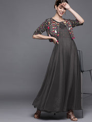 Dark Grey Solid Silk Gown with Jacket - inddus-us