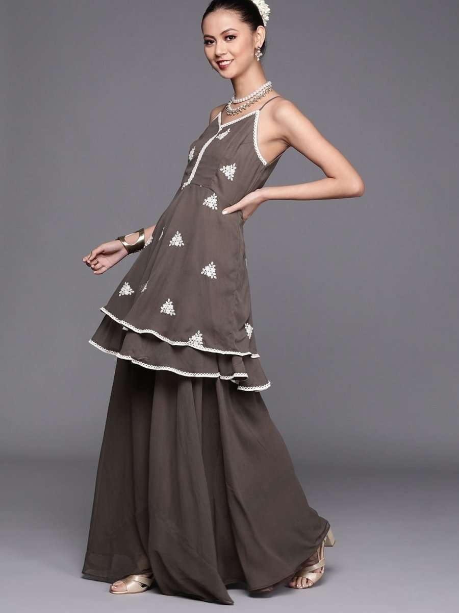 Dark Taupe Embroidered Kurta with Sharara - inddus-us