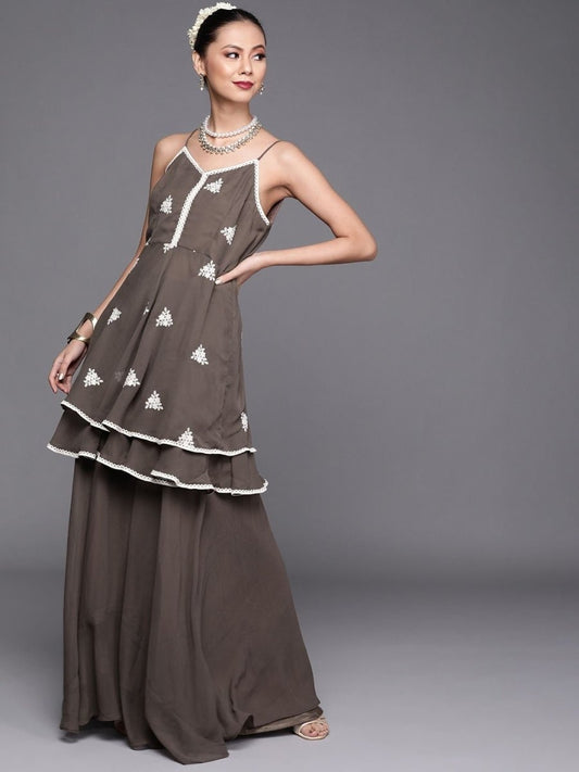Dark Taupe Embroidered Kurta with Sharara - inddus-us