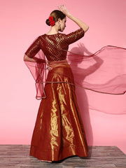 Deep Maroon Woven Design Semi-stitched Lehenga Choli With Dupatta - Inddus.com