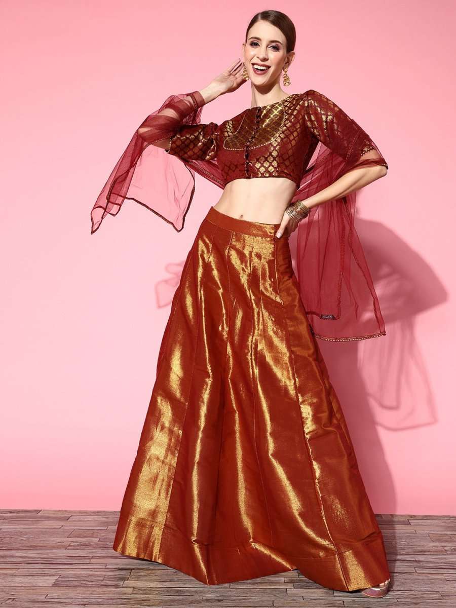 Deep Maroon Woven Design Semi-stitched Lehenga Choli With Dupatta - Inddus.com