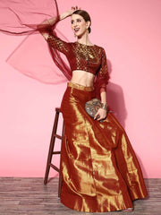 Deep Maroon Woven Design Semi-stitched Lehenga Choli With Dupatta - Inddus.com