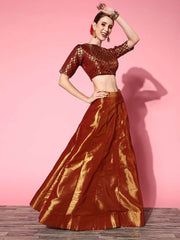 Deep Maroon Woven Design Semi-stitched Lehenga Choli With Dupatta - Inddus.com