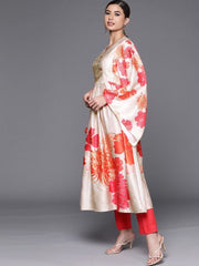 delectable beige satin printed kurta set
