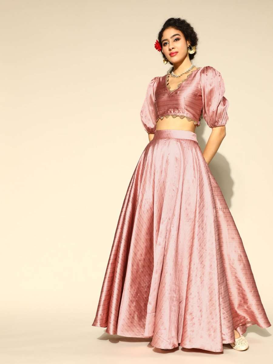 Dirty Pink Brocade Woven Flared Skirt with Top - Inddus.com