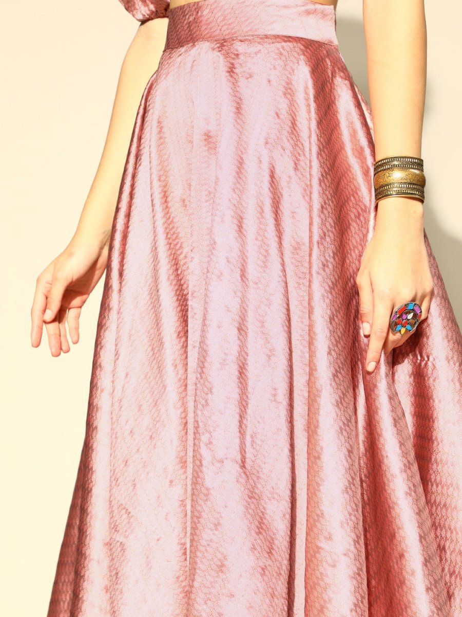 Dirty Pink Brocade Woven Flared Skirt with Top - Inddus.com