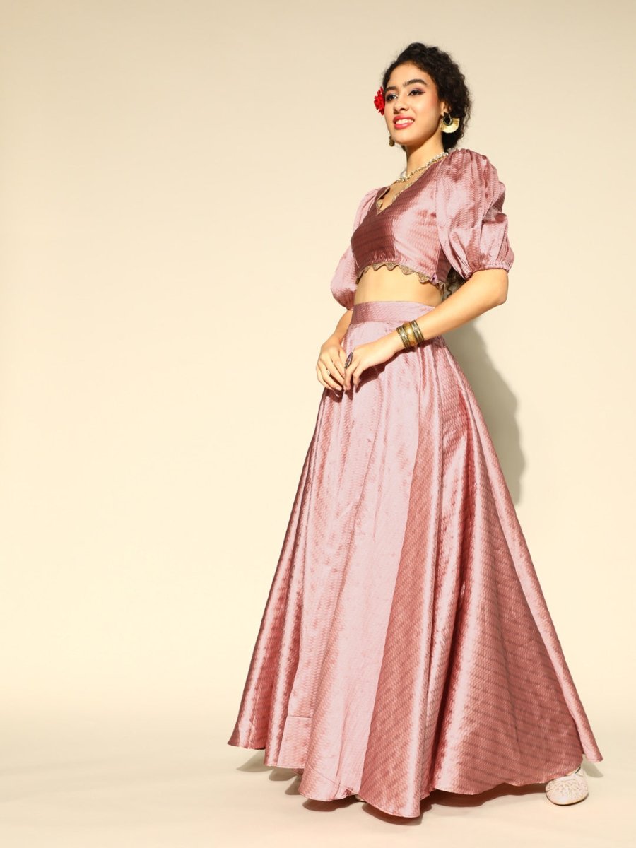 Dirty Pink Brocade Woven Flared Skirt with Top - Inddus.com