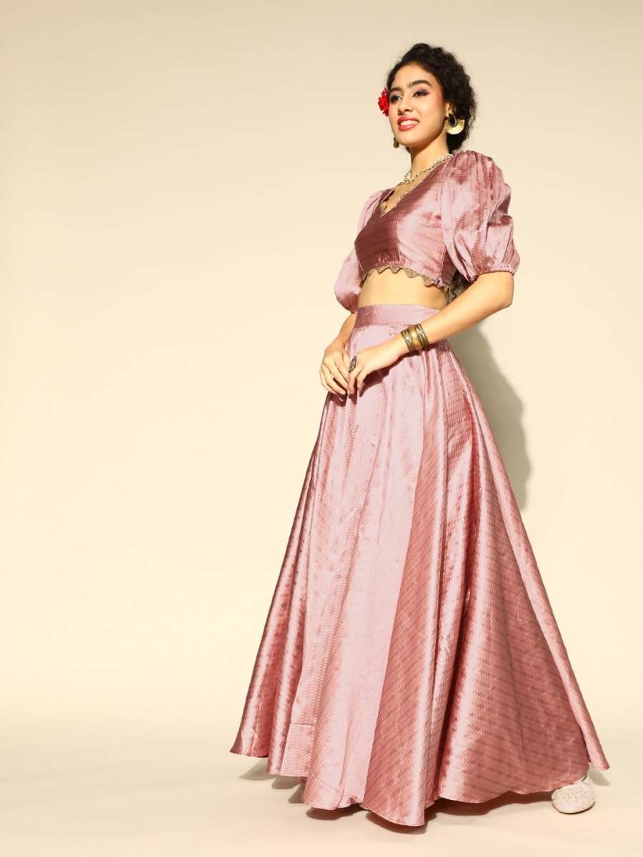 Dirty Pink Brocade Woven Flared Skirt with Top - Inddus.com
