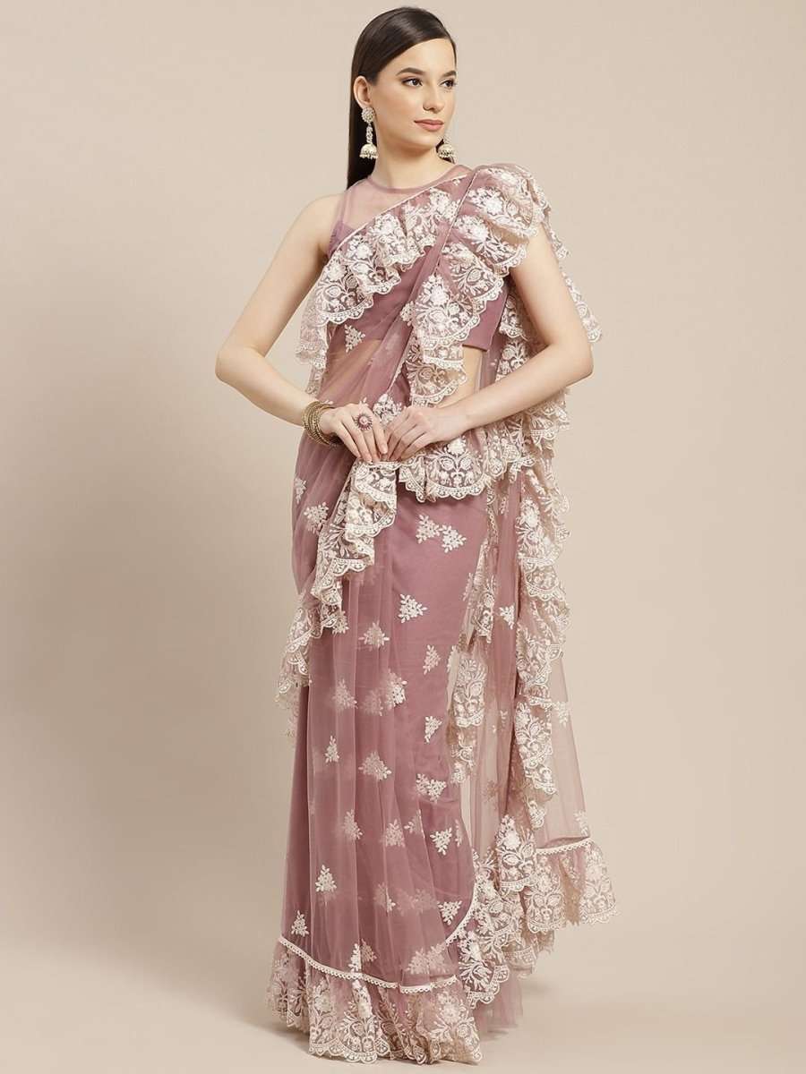 Dirty Pink Embroidered Ruffle Saree - inddus-us