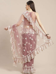 Dirty Pink Embroidered Ruffle Saree - inddus-us
