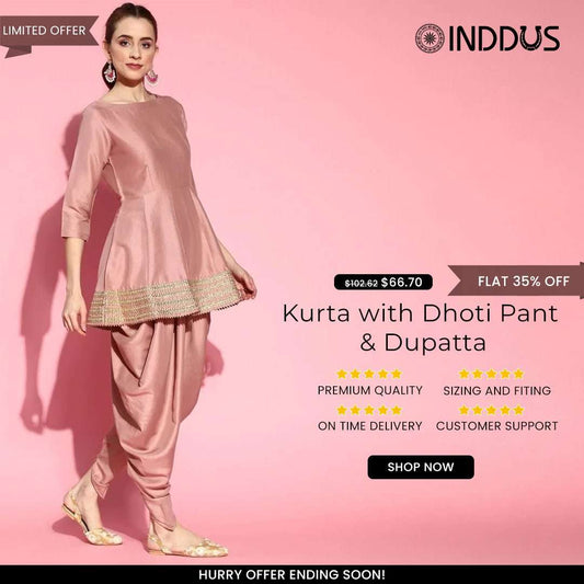 Dirty Pink Kurta with Dhoti Pants and Dupatta - Inddus.com