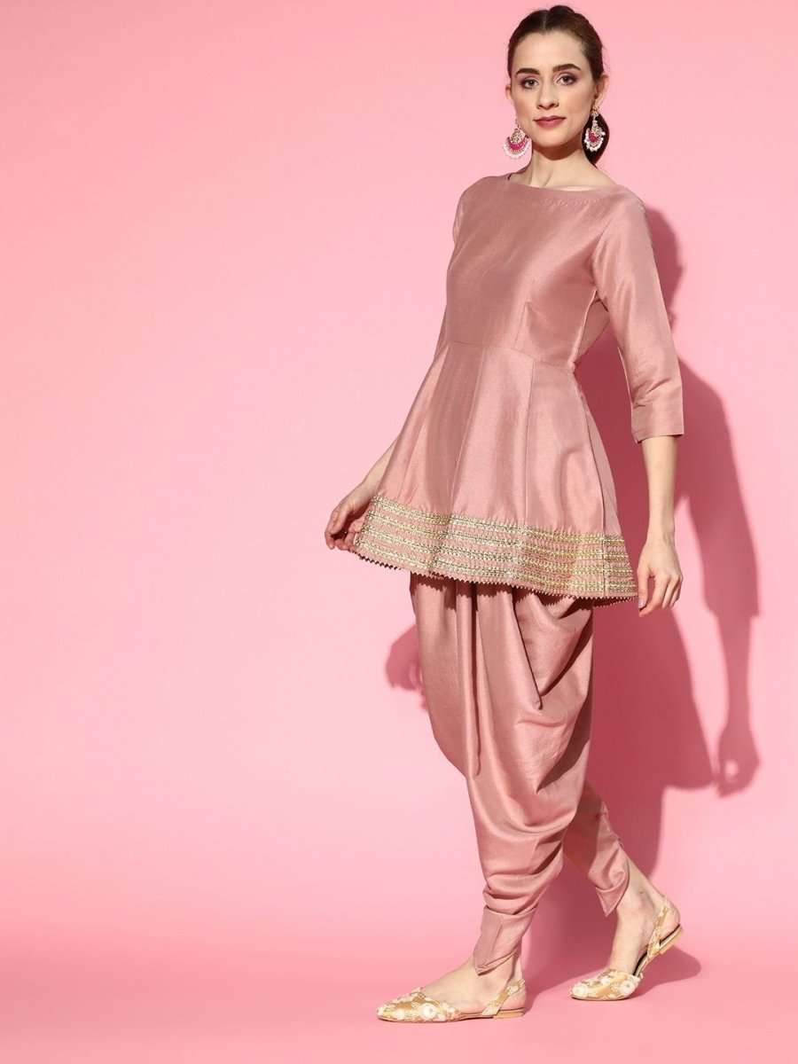 Dirty Pink Kurta with Dhoti Pants and Dupatta - Inddus.com