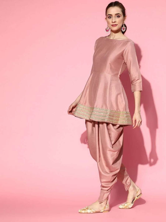 Dirty Pink Kurta with Dhoti Pants and Dupatta - Inddus.com