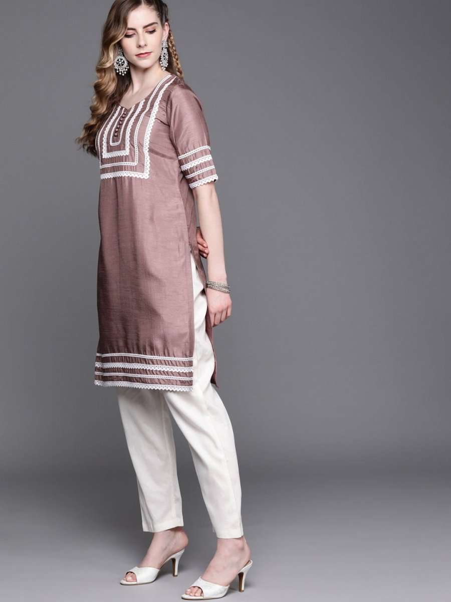 Dirty Pink Laced Kurta with Pants and Dupatta - Inddus.com