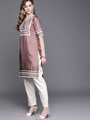 Dirty Pink Laced Kurta with Pants and Dupatta - Inddus.com