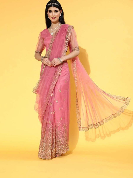 Dirty Pink Net Embroidere Saree with Blouse Piece - Inddus.com