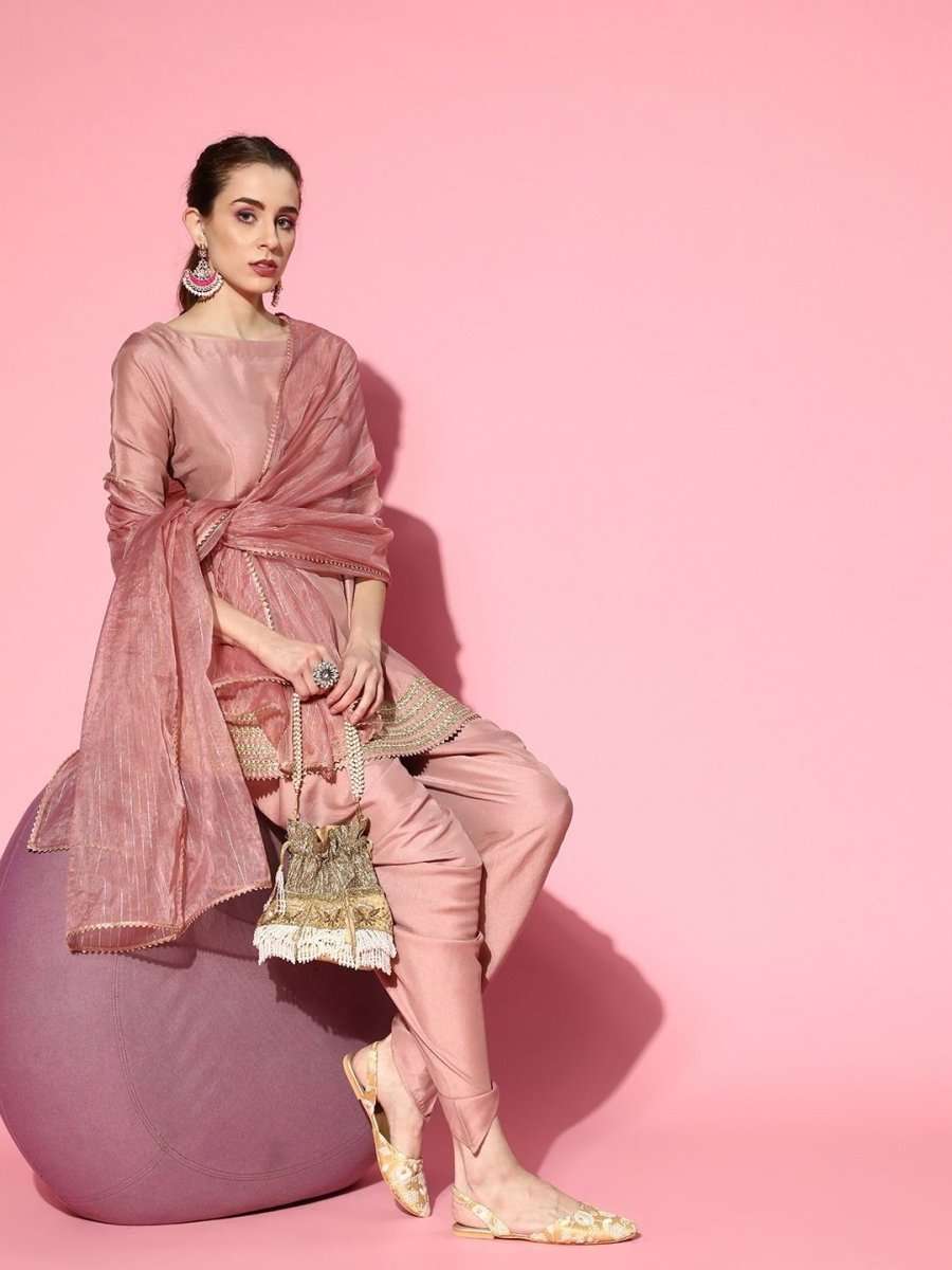 Dirty Pink Panelled Kurta with Dhoti Pants and Organza Dupatta - Inddus.com