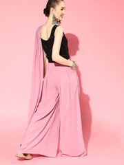 Dirty Pink Pleated Palazzo Saree with Sequinned Ready to Wear Stretchable Blouse - inddus-us