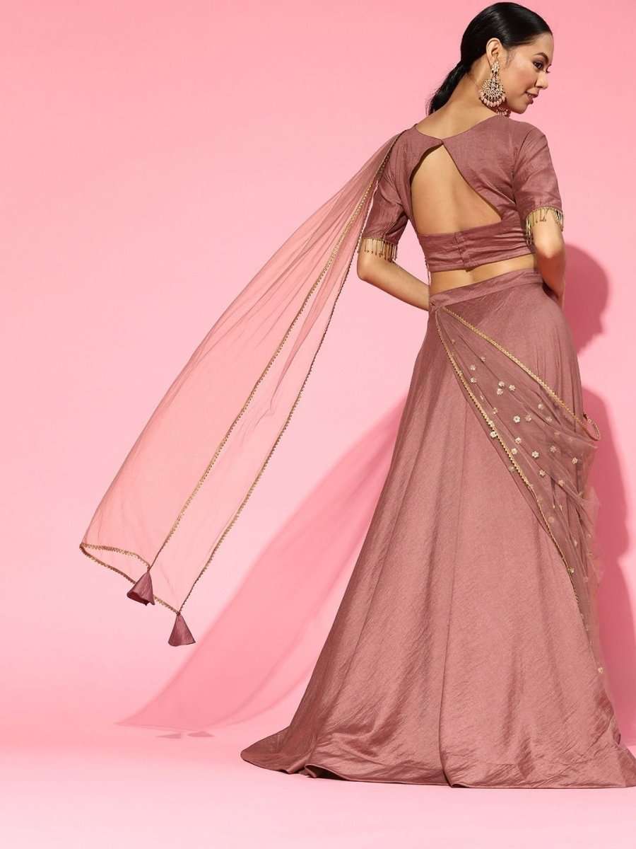 Dirty Pink Stitched Lehenga Embroidered Saree with Blouse Piece - inddus-us