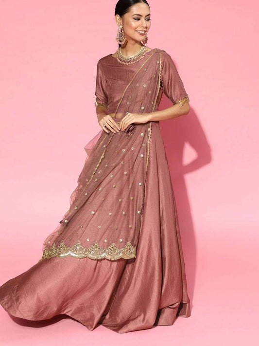 Dirty Pink Stitched Lehenga Embroidered Saree with Blouse Piece - inddus-us