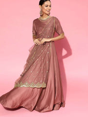 Dirty Pink Stitched Lehenga Embroidered Saree with Blouse Piece - inddus-us