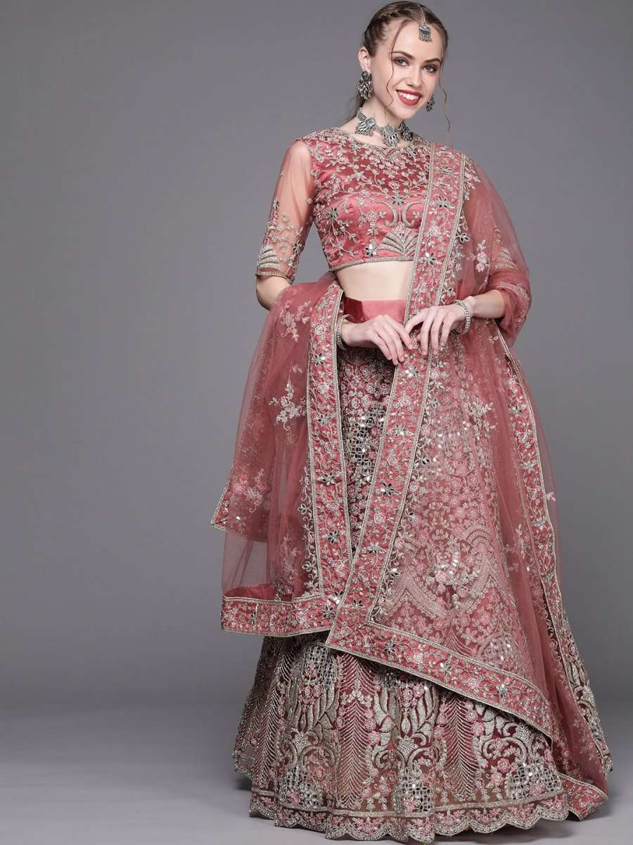 Dusty Pink Embroidered Semi-Stitched Lehenga with Unstitched Blouse & Dupatta - Inddus.com