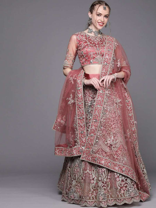 Dusty Pink Embroidered Semi-Stitched Lehenga with Unstitched Blouse & Dupatta - Inddus.com
