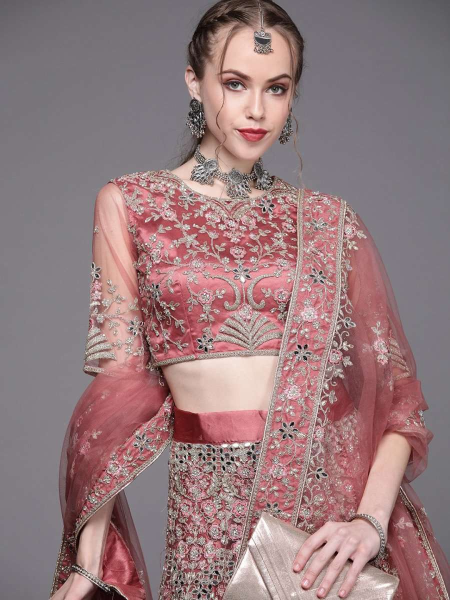 Dusty Pink Embroidered Semi-Stitched Lehenga with Unstitched Blouse & Dupatta - Inddus.com