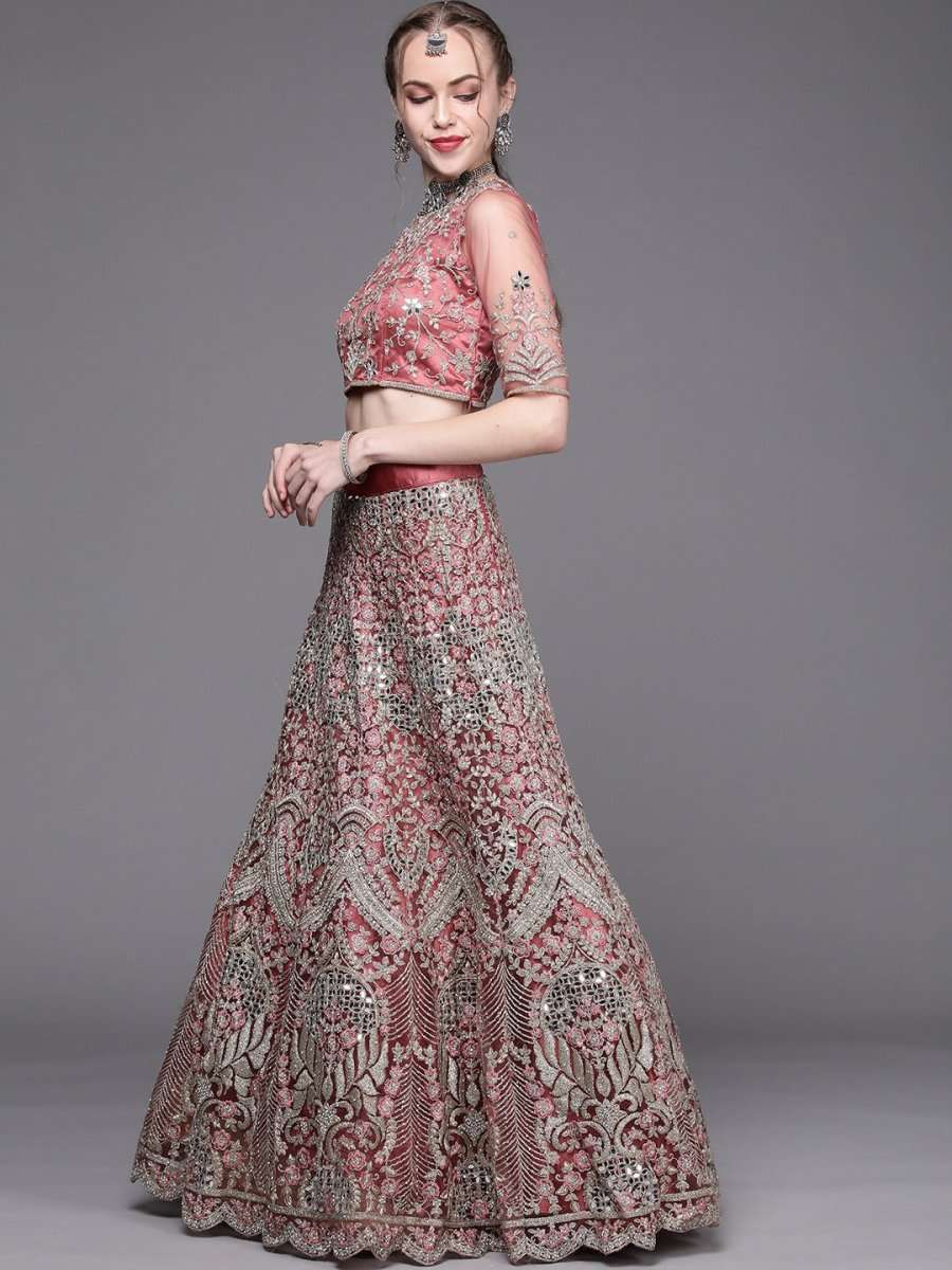 Dusty Pink Embroidered Semi-Stitched Lehenga with Unstitched Blouse & Dupatta - Inddus.com
