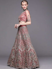 Dusty Pink Embroidered Semi-Stitched Lehenga with Unstitched Blouse & Dupatta - Inddus.com