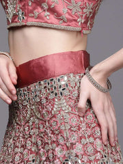 Dusty Pink Embroidered Semi-Stitched Lehenga with Unstitched Blouse & Dupatta - Inddus.com