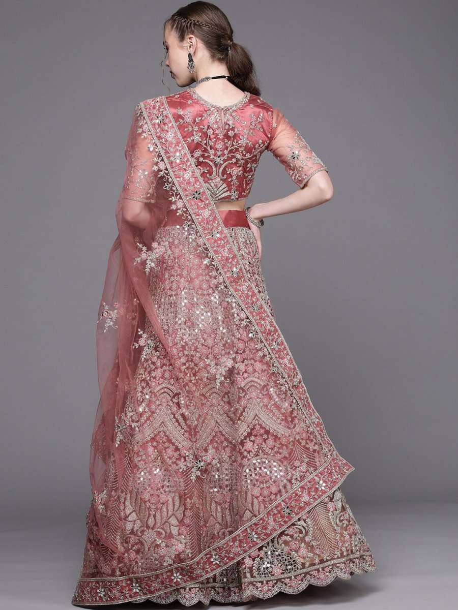 Dusty Pink Embroidered Semi-Stitched Lehenga with Unstitched Blouse & Dupatta - Inddus.com