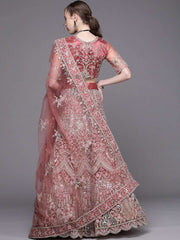 Dusty Pink Embroidered Semi-Stitched Lehenga with Unstitched Blouse & Dupatta - Inddus.com