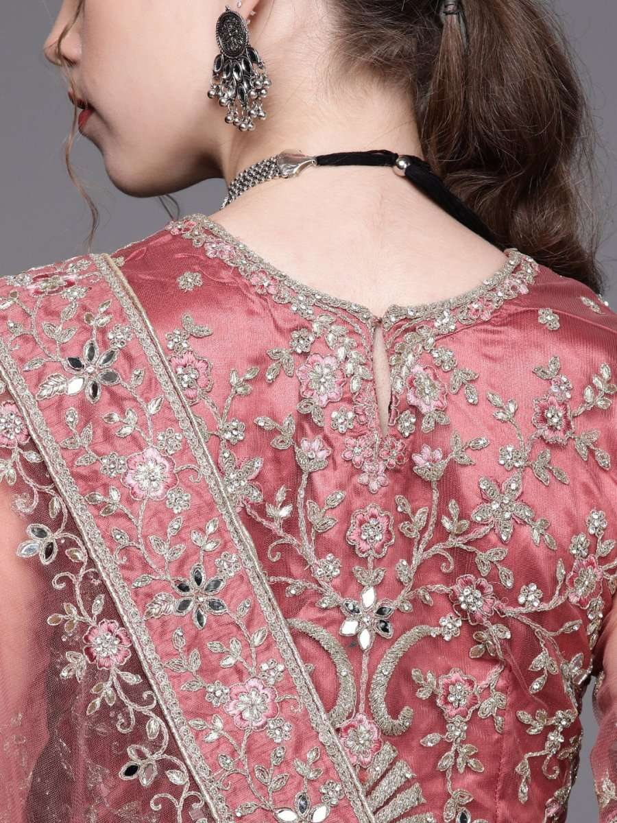 Dusty Pink Embroidered Semi-Stitched Lehenga with Unstitched Blouse & Dupatta - Inddus.com