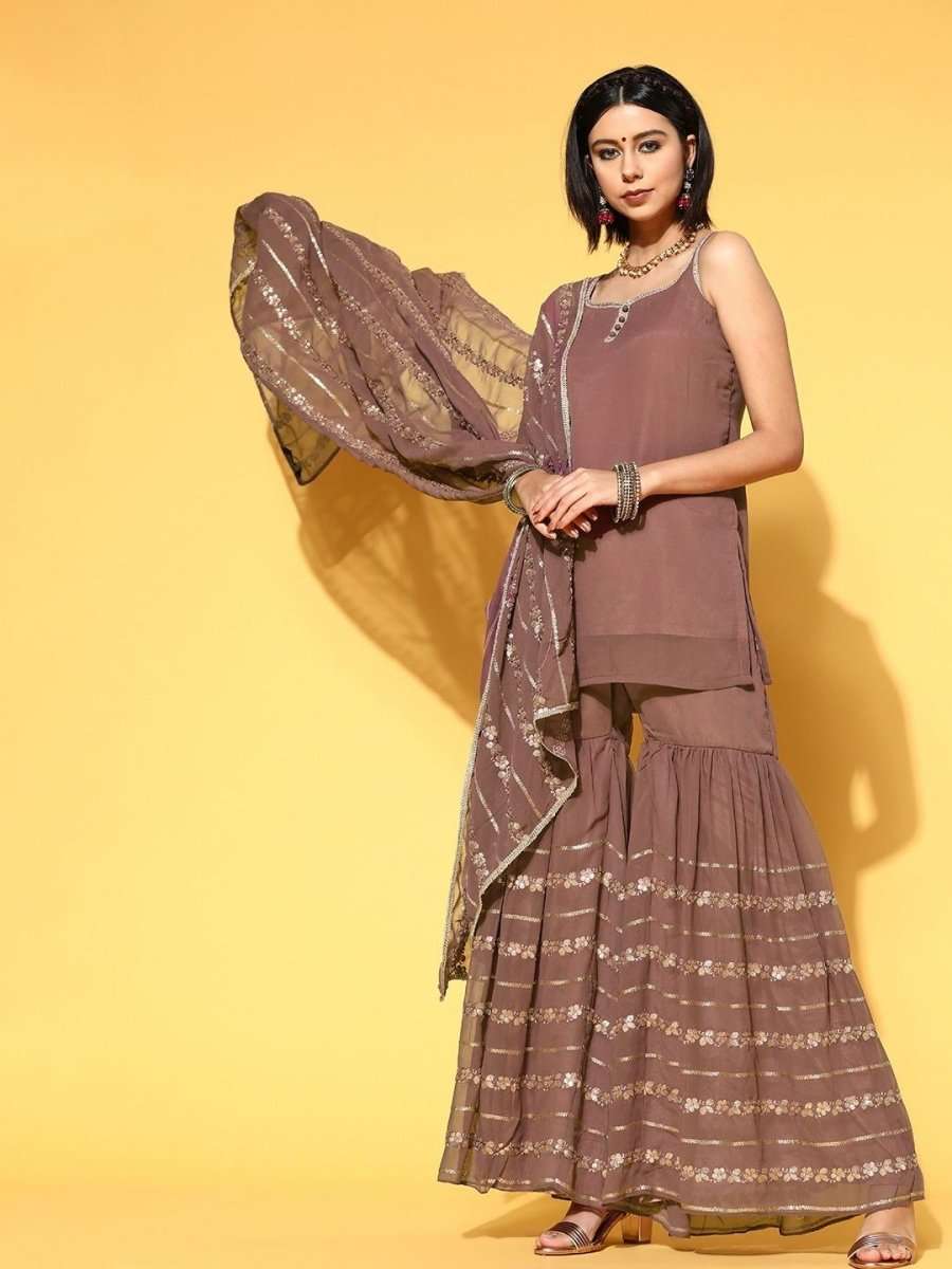 elegant mauve poly georgette solid kurta set