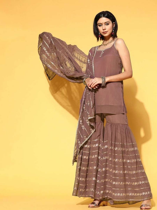 elegant mauve poly georgette solid kurta set