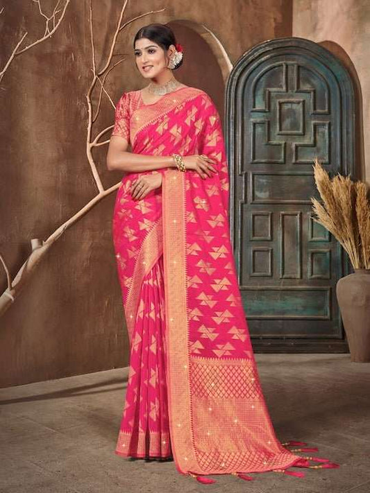 Embellished Zari Organza Banarasi Saree - Inddus.com