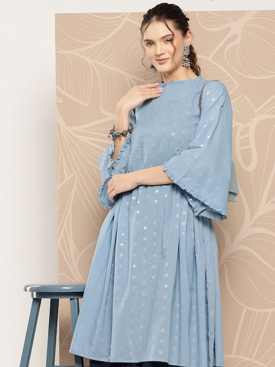 Embroidered A-Line Cotton Midi Dress with Inner - Inddus.com