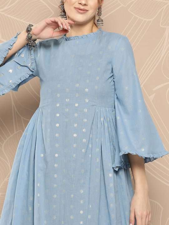 Embroidered A-Line Cotton Midi Dress with Inner - Inddus.com