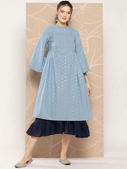 Embroidered A-Line Cotton Midi Dress with Inner - Inddus.com