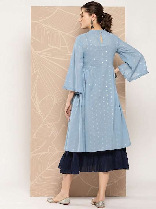 Embroidered A-Line Cotton Midi Dress with Inner - Inddus.com