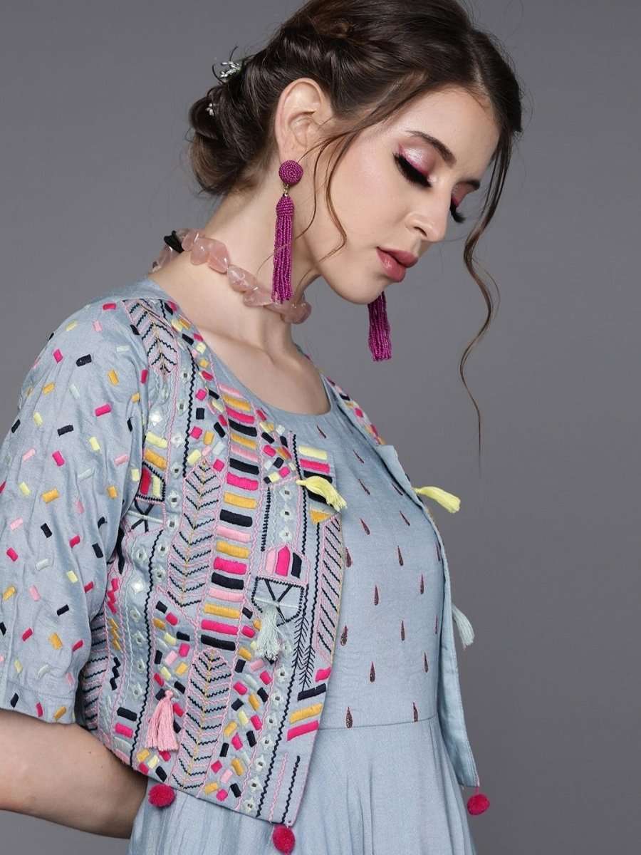 Embroidered Blue Silk Partywear Dress - inddus-us