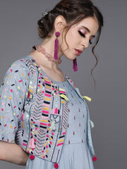 Embroidered Blue Silk Partywear Dress - inddus-us