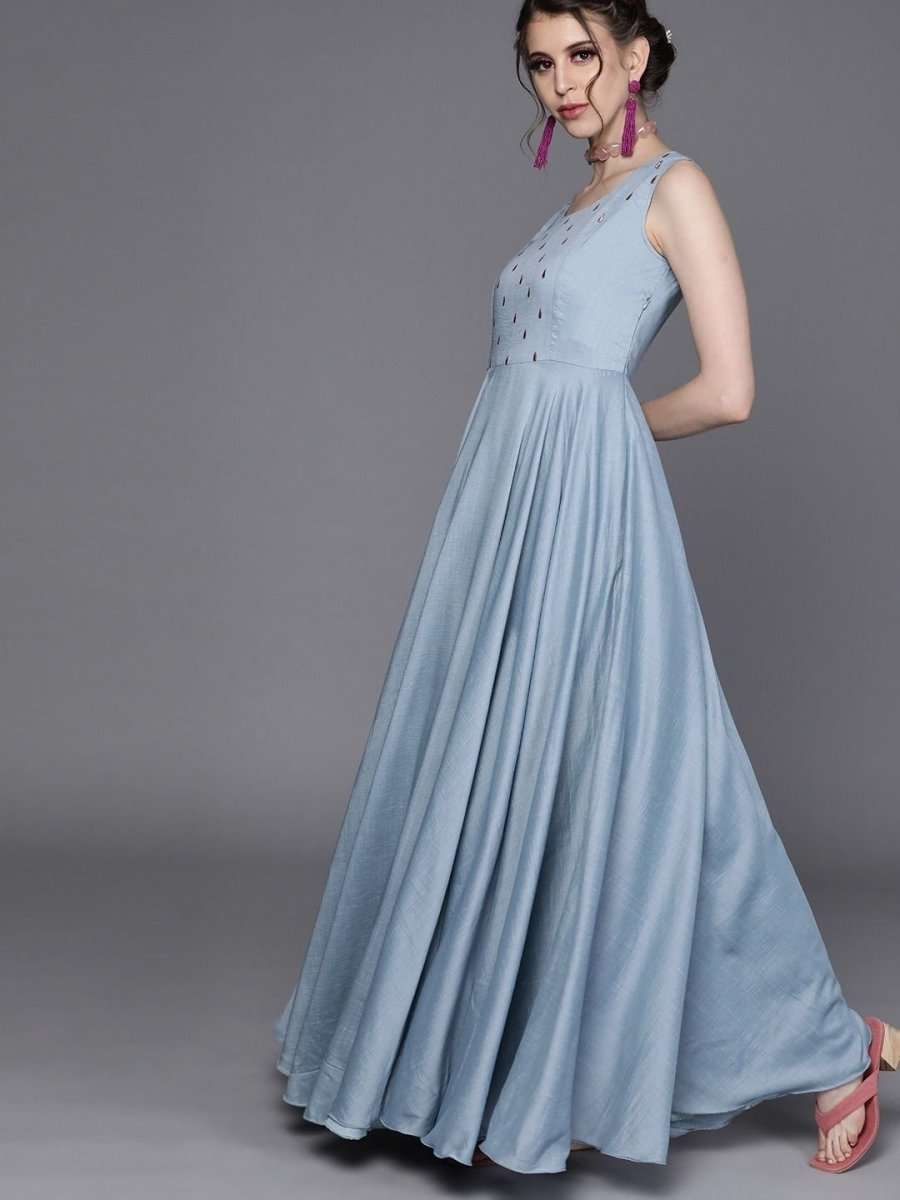 Embroidered Blue Silk Partywear Dress - inddus-us